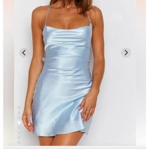 LE LIS Light Blue Drape Neck Satin Dress Tie Back Short Size Medium sleeveless